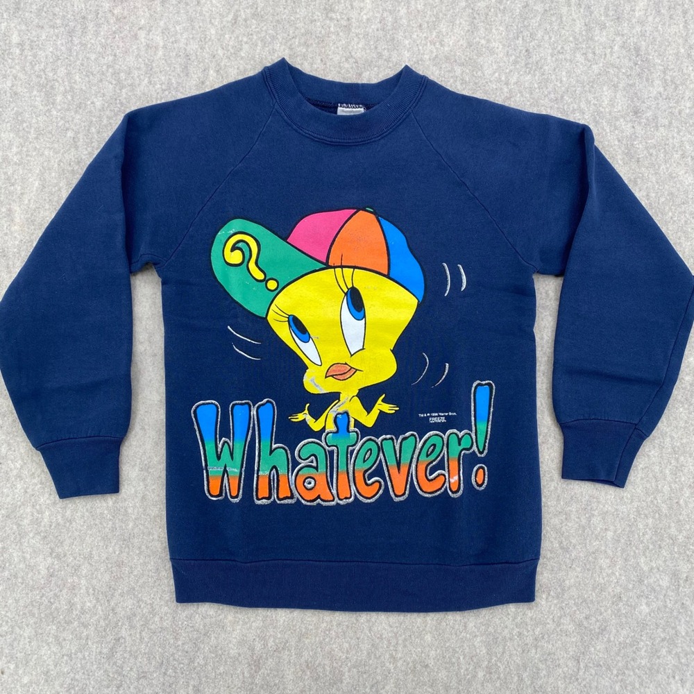 Vintage 1996 Tweety Bird Whatever Looney Tunes Sweatshirt Navy Blue Freeze M